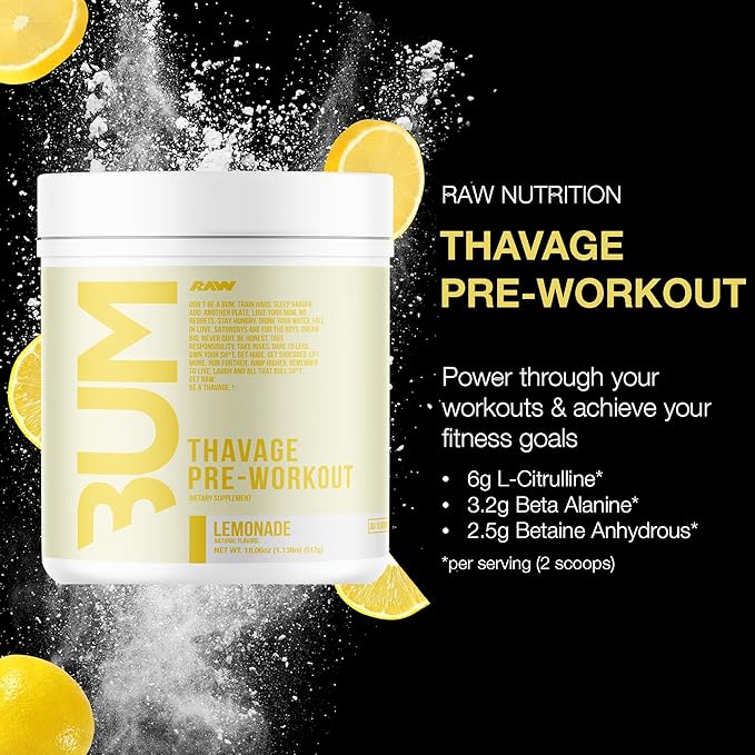 RAW Preworkout Powder, Thavage (Lemonade) - Chris Bumstead Sports Nutrition Supplement for Men & Women - Cbum Pre Workout for Working Out, Hydration, Mental Focus & Energy - 40 Servings