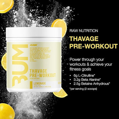 RAW Preworkout Powder, Thavage (Lemonade) - Chris Bumstead Sports Nutrition Supplement for Men & Women - Cbum Pre Workout for Working Out, Hydration, Mental Focus & Energy - 40 Servings