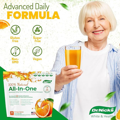 Dr. Nick's All-in-One Multivitamin Drink Mix Packets – for Everyday Vitality and Elite Oral Care – Dentist Formulated with Premium Non-GMO, Vegan, and Gluten-Free Ingredients – Orange Splash Flavor