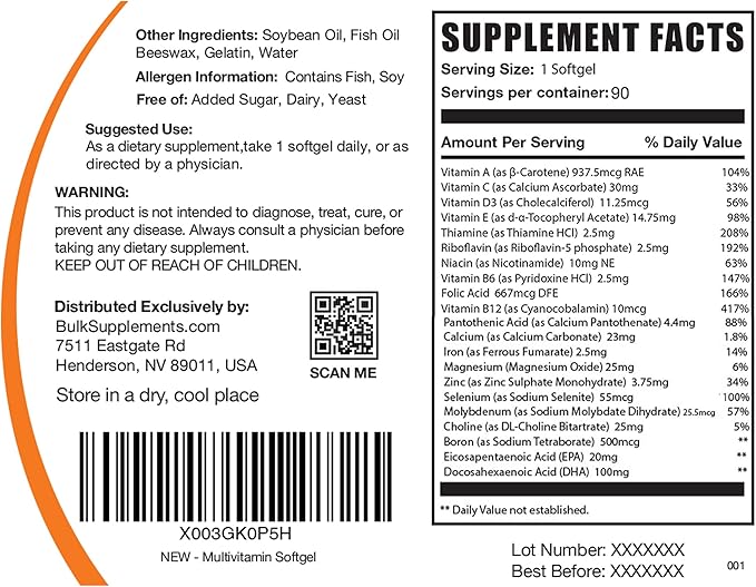 BulkSupplements.com Multivitamin Softgels - Daily Multivitamin, Multimineral Supplement, Multivitamin for Adults wit Fish Oil - Gluten Free, 1 Softgel per Serving, 90 Count (Pack of 1)