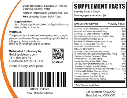 BulkSupplements.com Multivitamin Softgels - Daily Multivitamin, Multimineral Supplement, Multivitamin for Adults wit Fish Oil - Gluten Free, 1 Softgel per Serving, 90 Count (Pack of 1)