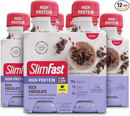 SlimFast Advanced Energy High Protein Meal Replacement Shake, Rich Chocolate, 20g of Ready to Drink Protein with Caffeine, 11 Fl. Oz Bottle, 4 Count (Pack of 3) (Packaging May Vary)
