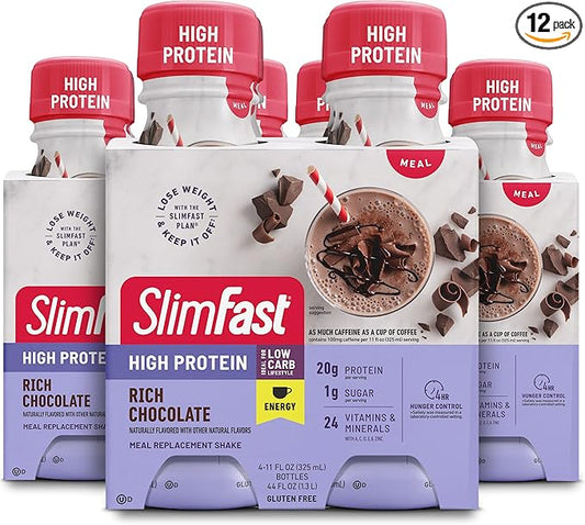 SlimFast Advanced Energy High Protein Meal Replacement Shake, Rich Chocolate, 20g of Ready to Drink Protein with Caffeine, 11 Fl. Oz Bottle, 4 Count (Pack of 3) (Packaging May Vary)