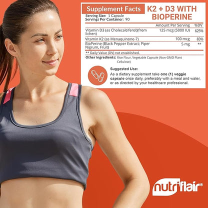 NutriFlair Vitamins D3 (5000iu/125mcg) + K2 (as Mk7) - Made with Plant-Based Ingredients Plus BioPerine Black Pepper Extract, 90 Capsules - Supports Healthy Immune, Heart and Health - Non-GMO Pills