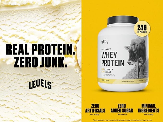 Levels Grass Fed Whey Protein Powder, No Artificials, 24G of Protein, Vanilla Bean, 5LB