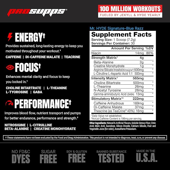 PROSUPPS Mr. Hyde Signature Pre Workout with Creatine, Beta Alanine, TeaCrine and Caffeine for Sustained Energy, Focus Pumps - Pre-Workout Energy Drink Men Women (Blue Razz, 30 Servings)