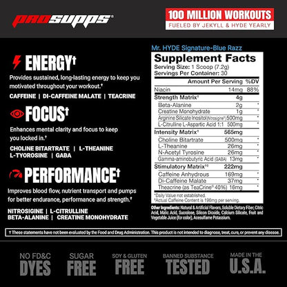 PROSUPPS Mr. Hyde Signature Pre Workout with Creatine, Beta Alanine, TeaCrine and Caffeine for Sustained Energy, Focus Pumps - Pre-Workout Energy Drink Men Women (Blue Razz, 30 Servings)