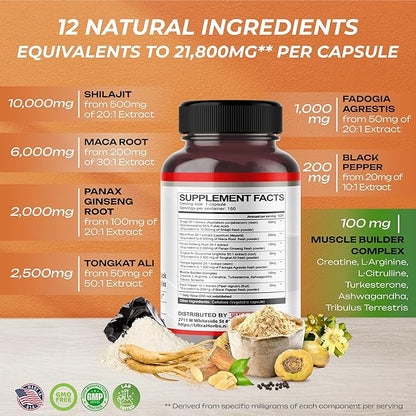 Shilajit Pure Himalayan 21,800mg - Energy Booster 85% Fulvic Acid, Maca Root, Panax Ginseng, Tongkat Ali, Fadogia Agrestis - Metabolism & Immunity Support - 150 Capsules