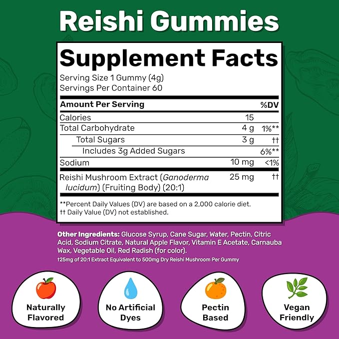 Fungies Reishi Mushroom Gummies, Delicious Apple Flavor - Mushroom Herbal Supplement Gummy for Adults Supports Immune Health, Relaxation & Healthy Aging - Calming Gummies for Sleep - 60 Servings