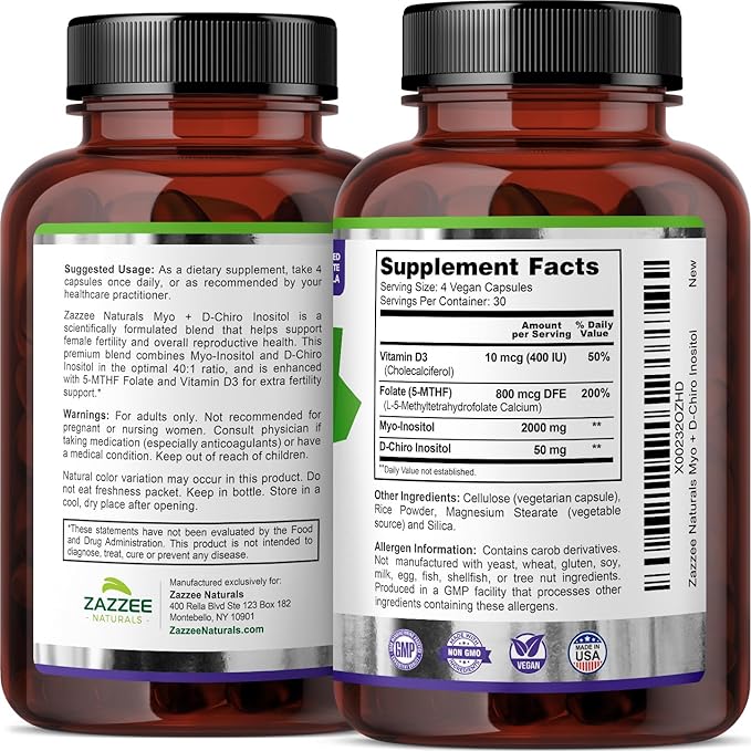 Zazzee Myo-Inositol + D-Chiro, with Folate (5-MTHF) + D3, 120 Vegan Capsules, Optimal 40:1 Inositol Ratio, 30 Day Supply, All-Natural, Non-GMO, Supports Hormone Balance and Ovulation, Made in The USA