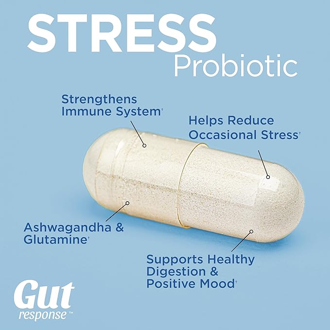 Stress Probiotic for Men & Women, Slows Down Digestive Aging, Boosts Immune System, Promotes Calmness, Ashwagandha, L-Glutamine, Non-GMO, Gluten Free & Vegan, 5 Billion CFU, 30 Caplets