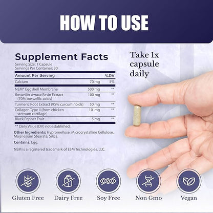 Joint Complex - Joint & Cartilage Health - Joint Support Supplement with Calcium, NEM Eggshell Membrane, Boswellia Serrata - Knee Supplements for Men & Women, 30 Capsules