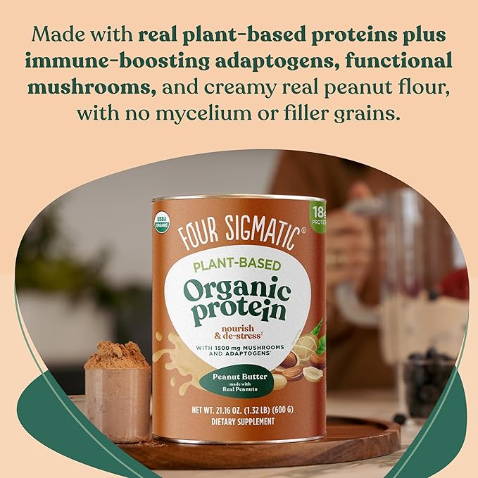 Four Sigmatic Organic Plant-Based Protein Powder Peanut Butter Protein with Lion’s Mane, Chaga, Cordyceps and More | Clean Vegan Protein Elevated for Brain Function and Immune Support | 21.16 oz