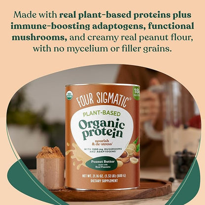 Four Sigmatic Organic Plant-Based Protein Powder Peanut Butter Protein with Lion’s Mane, Chaga, Cordyceps and More | Clean Vegan Protein Elevated for Brain Function and Immune Support | 21.16 oz