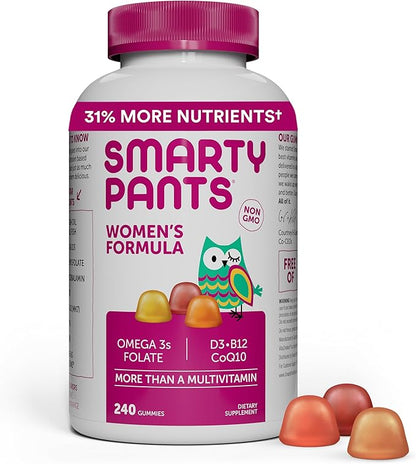 SmartyPants Women's Multivitamin Gummies: Omega 3 Fish Oil (EPA/DHA), Methylfolate, CoQ10, Vitamin D3, C, Vitamin B12, B6, Vitamin A, K & Zinc, Gluten Free, 240 Count (40 Day Supply)