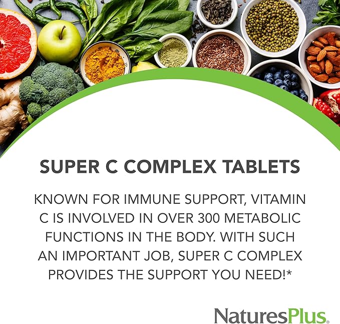 NaturesPlus Super C Complex, Sustained Release - 1000 mg, 90 Vegetarian Tablets - High Potency Immune Support Supplement, Antioxidant - Enhanced Absorption - Gluten-Free - 90 Servings