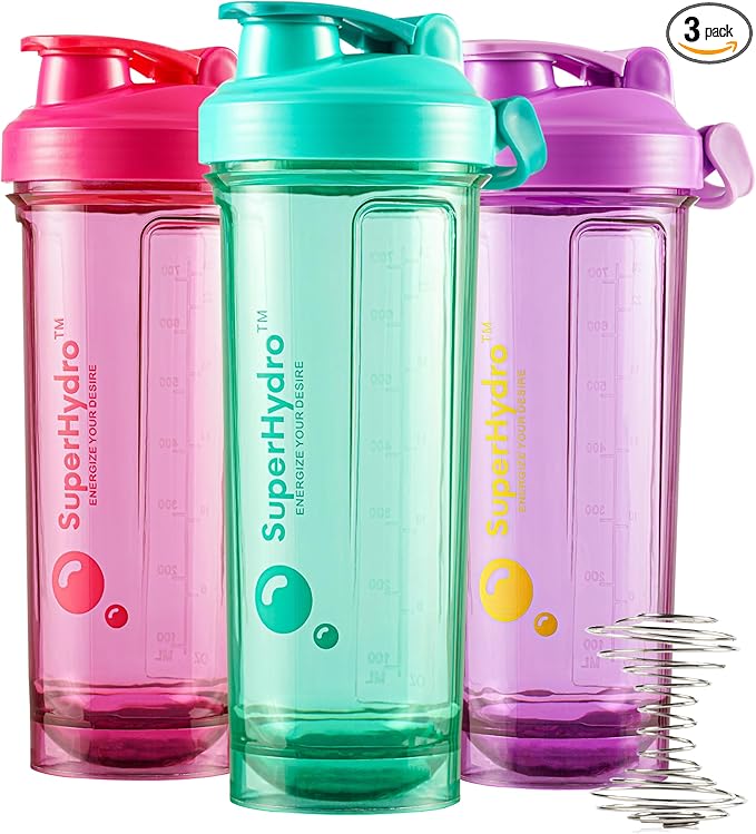 Super Hydro Protein Shaker Bottle [3 PACK] - 28 Oz. BPA-Free, Non-Toxic, Durable, Leak Proof, Eco-Tritan, Best for Travel, Sports, Fitness for Men & Women (Lemon Lavender, Rosy Bloom, Frosted Mint)