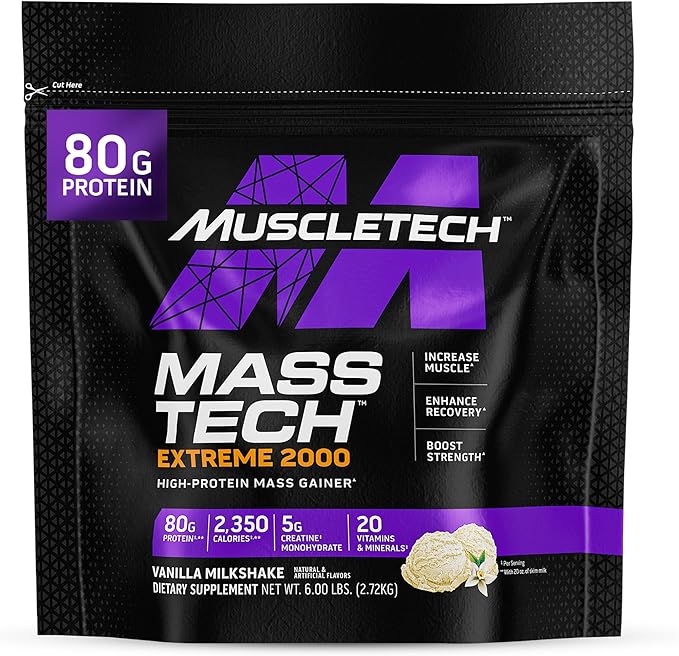 Muscletech High-Protein Mass Gainer (Vanilla Milkshake, 6LB) - Mass Tech Extreme 2000 Mass Gainer Protein Powder Supplement - Weight Gainer for Increase Muscle, Enhanced Recovery & Strength