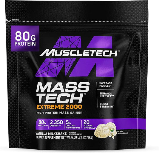 Muscletech High-Protein Mass Gainer (Vanilla Milkshake, 6LB) - Mass Tech Extreme 2000 Mass Gainer Protein Powder Supplement - Weight Gainer for Increase Muscle, Enhanced Recovery & Strength