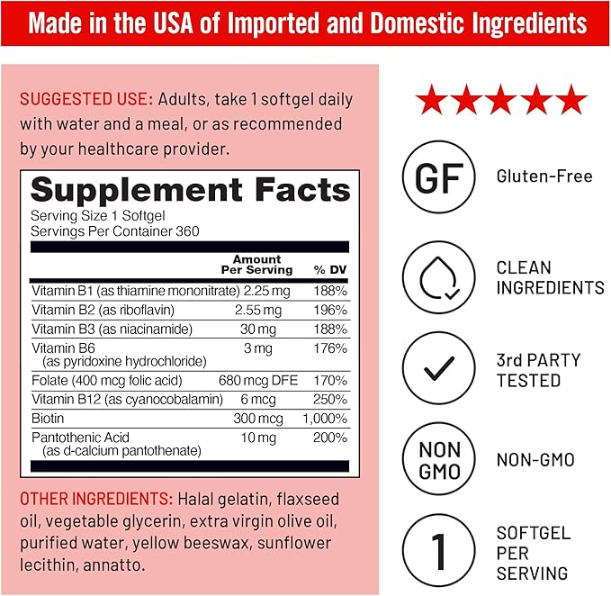 NatureWise Vitamin B Complex for Women and Men - with Folic Acid Biotin B1 B2 B3 B6 B12 - Support Cellular Energy & Mental Clarity - Gluten & Dairy Free, Non-GMO - 360 Softgels[1-Year Supply]