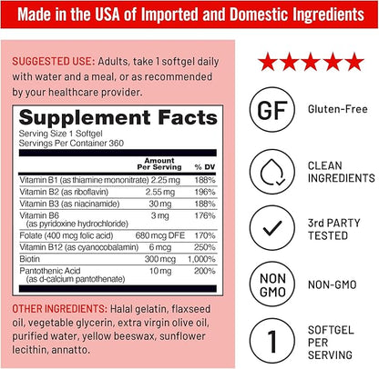 NatureWise Vitamin B Complex for Women and Men - with Folic Acid Biotin B1 B2 B3 B6 B12 - Support Cellular Energy & Mental Clarity - Gluten & Dairy Free, Non-GMO - 360 Softgels[1-Year Supply]