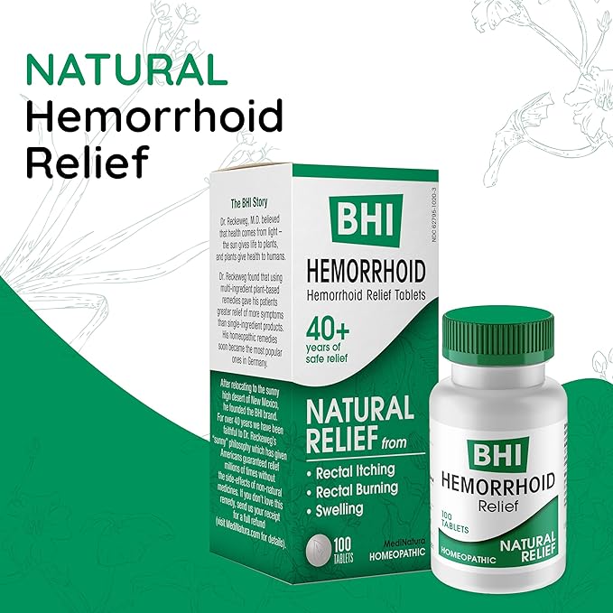 BHI Natural Hemorrhoid Relief Soothes Burning, Swelling, Itching, Rectal Pain & Discomfort 8 Maximum Strength Homeopathic Active Ingredients Ease from The Inside for Women & Men - 100 Tablets