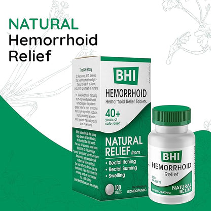 BHI Natural Hemorrhoid Relief Soothes Burning, Swelling, Itching, Rectal Pain & Discomfort 8 Maximum Strength Homeopathic Active Ingredients Ease from The Inside for Women & Men - 100 Tablets