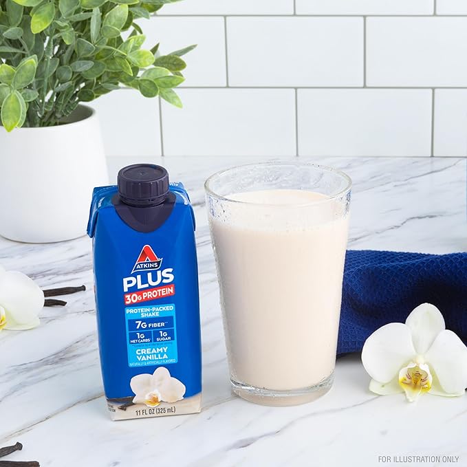 Atkins Creamy Vanilla PLUS Protein Shake, 30g Protein, 7g Fiber, 1g Net Carb, 1g Sugar, Keto Friendly, Low Carb, High Protein Drink, 12 Count
