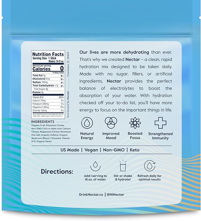 Nectar Energy Booster - Organic Caffeine, B12 & Electrolytes - Sugar Free & Zero Calorie – Healthy Coffee, Energy Drink & Soda Alternative – Hydration & Energy Supplement (Tropical 30 Packets)