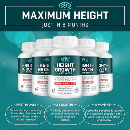 Height Growth Maximizer, Calcium, Vitamin D3 and Zinc Blend Pills, Bone Growth Supplement for Kids and Teens, Bone Strength, Density Support, GMO-Free, Gluten-Free, Made in USA, 60 Caps