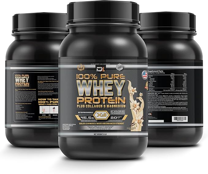 DL 100% Pure Whey Protein + Collagen + Magnesium | 43g. Protein & Essential BCAA´s | Muscle Gain, Recovery & Nutrient delivery | Low Fat Protein | Quik & Easy Mixing | 1 kg (1KG, Vanilla)