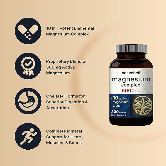 NatureBell Magnesium Complex Supplement 500mg, 300 Capsules | 10 Active Forms – Glycinate, Citrate, Taurate, Plus More | 100% Chelated & Purified | Bone, Heart, & Muscle Support | Non-GMO