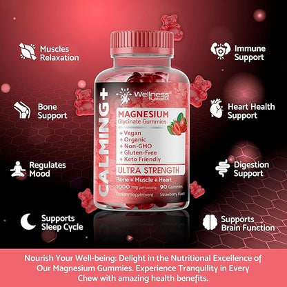 Magnesium Glycinate Gummies - 1000 mg - Magnesium Supplement to Support Relaxation, Stress Relief, Heart Health - Chewable Magnesium Gummies for Adults - Strawberry Flavor