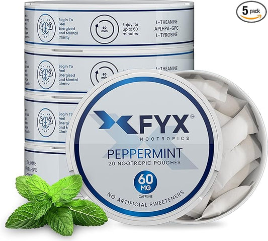FYX Caffeine Nootropic Pouches (Peppermint) – Clean Energy & Focus with Alpha-GPC, L-Tyrosine & L-Theanine – Energy Boost 60mg Caffeine Pouches – Sugar-Free Alpha Nootropic Pouches – 20-Pack