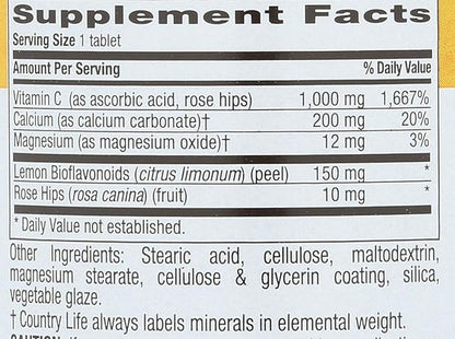 Country Life Buffered Vitamin C 1000mg with Bioflavonoids, Calcium, Magnesium, Potassium - Immune Support, Vegan Capsules, Gluten-Free, Gentle on Stomach - 100 Tablets