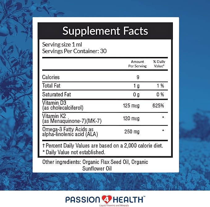 Passion 4 Health Organic Liquid Vitamin D3 (5000IU) + K2 (Mk-7) + Omega 3 Supplement - Support for Healthy Bones and Muscles (1)
