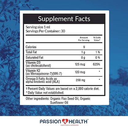 Passion 4 Health Organic Liquid Vitamin D3 (5000IU) + K2 (Mk-7) + Omega 3 Supplement - Support for Healthy Bones and Muscles (1)