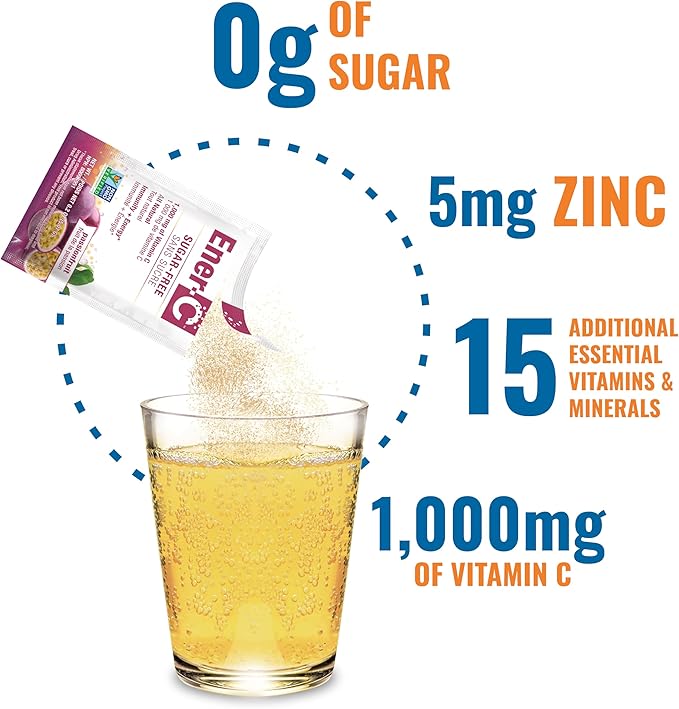 Ener-C Sugar Free Energy Passion Fruit Multivitamin Drink Mix Vitamin C 1000mg & Electrolytes - Natural Immunity Support with Real Fruit Juice Powders - Non-GMO Vegan & Gluten Free - 60 Count