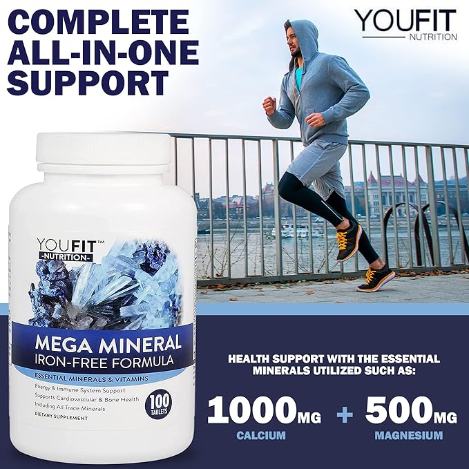 Mega Minerals Supplement by Youfit Nutrition | All 72 Trace Minerals | Premium Formula with Source of Minerals and Immune Health Support | Iron Free | All in One |1000mg Calcium 500mg Magnesium