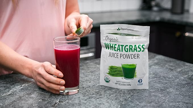 Opportuniteas Organic Raw Wheatgrass Juice Powder - Grown & Dried in USA - Premium Green Superfood Supplement - Vegan & Non-GMO - 4.5 oz
