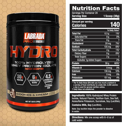 Labrada Hydro 100% Pure Hydrolyzed Whey Protein Isolate Powder, Lactose free, 6g BCAA’s, 4.5g Glutamine, Fastest Digesting Whey Available, Instant Mixing, Delicious Taste 20 Servings (Cookies & Cream)