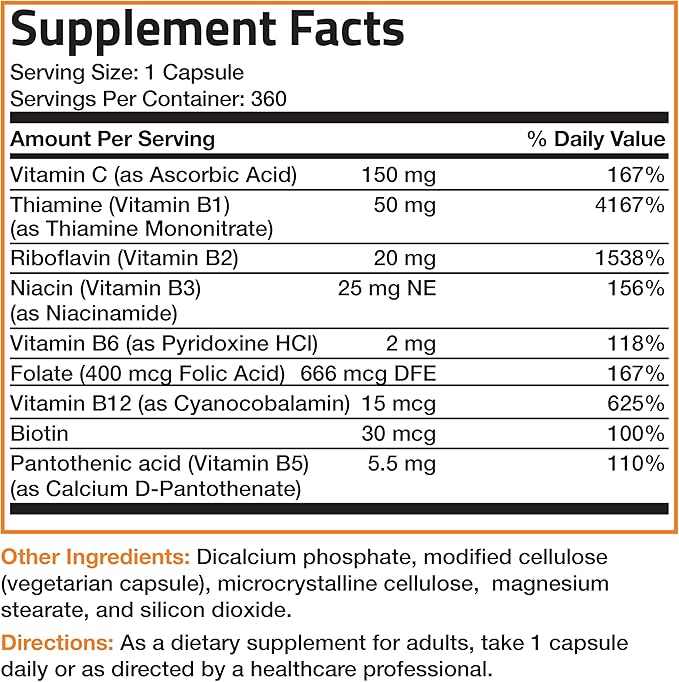 Bronson Vitamin B Complex with Vitamin C - Immune Health, Energy Support & Nervous System Support - Non-GMO, 360 Vegetarian Capsules