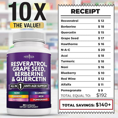 NEW AGE Resveratrol, Berberine, Grape Seed Extract, Quercetin, Polyphenol Supplement for Women and Men with Noni Extract, N-Acetyl Cysteine, Acai Extract - 120 Capsules