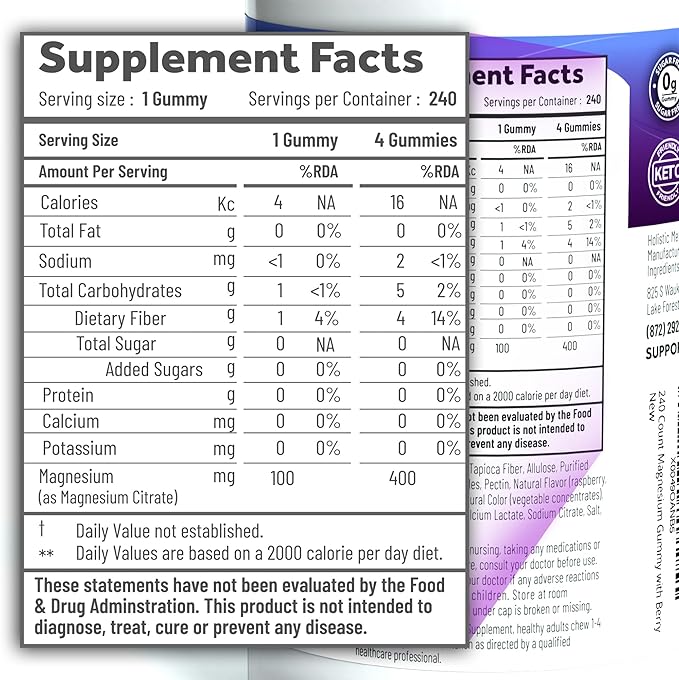 Magnesium Citrate Gummies - Sugar-Free, Vegan and Non-GMO for Better Sleep and Relaxation - No Sugar Alcohol - Magnesium Supplement for Adults, Teens and Kids - Mixed Berry - 240 Chews