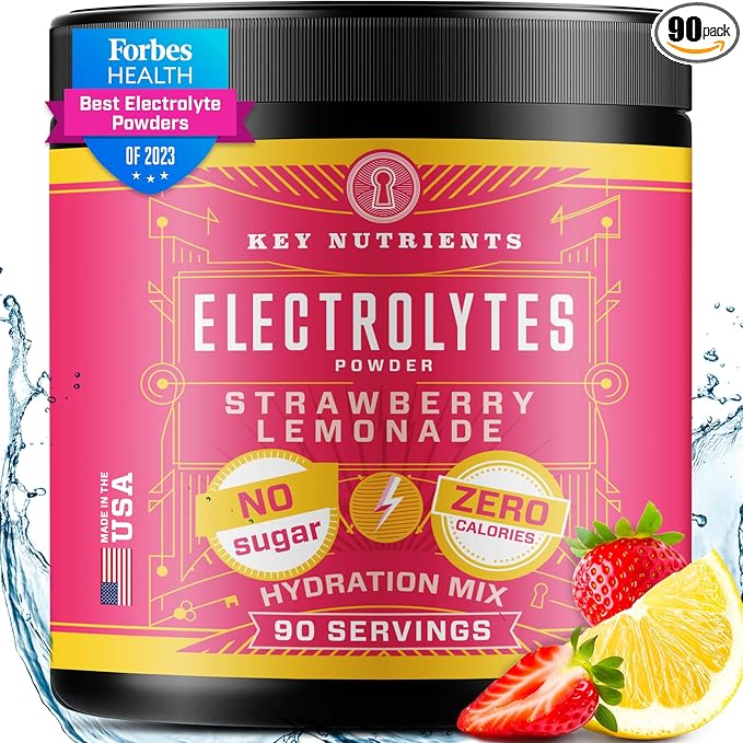 KEY NUTRIENTS Electrolytes Powder No Sugar - Juicy Strawberry Lemonade Electrolyte Powder - Hydration Powder - No Calories, Gluten Free Keto Electrolytes Powder - 90 Servings - Made in USA