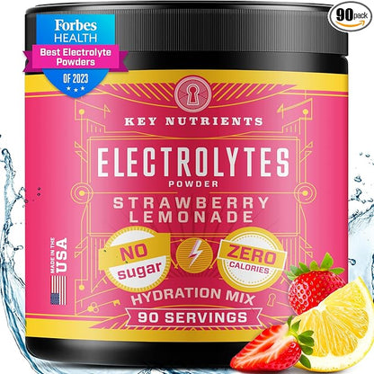 KEY NUTRIENTS Electrolytes Powder No Sugar - Juicy Strawberry Lemonade Electrolyte Powder - Hydration Powder - No Calories, Gluten Free Keto Electrolytes Powder - 90 Servings - Made in USA