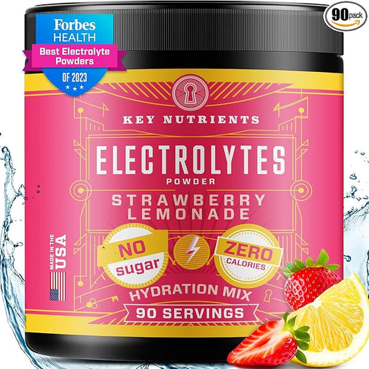 KEY NUTRIENTS Electrolytes Powder No Sugar - Juicy Strawberry Lemonade Electrolyte Powder - Hydration Powder - No Calories, Gluten Free Keto Electrolytes Powder - 90 Servings - Made in USA