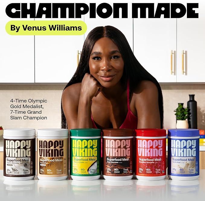 Happy Viking Variety Pack Plant Protein Powder, Created by Venus Williams, 20G Protein, Low Carb, Keto, Vegan, Gluten-Free, Non-GMO, Superfoods, Complete Meal Replacement, 8 Single Serve Packs