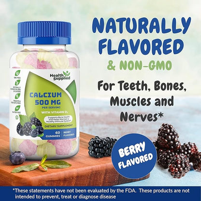 Calcium 500mg with Vitamin D3 1000 IU Gummies | Daily Dietary Supplement | Bone Strength, Growth, Teeth | for Adults, Teens, Kids | Great Tasting Natural Berry Flavor Vitamin Gummy