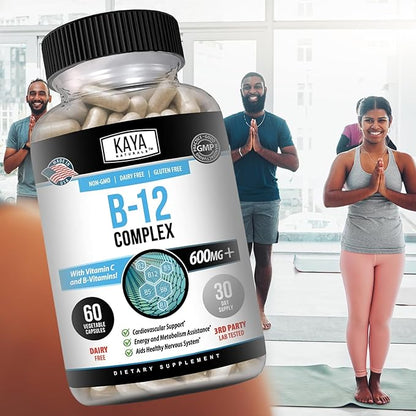 Kaya Naturals B-12 Complex | Multivitamin Supplement for Women & Men | Energy and Metabolism Booster | Vitamin Supplement with Biotin, Choline, Inositol, Folate, and Vitamin C – 60 Count